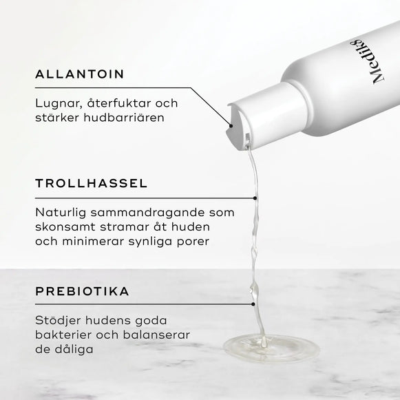 Medik8 Daily Refresh Balancing Toner hälls ut från flaskan, med förklarande text om nyckelingredienser som allantoin och trollhassel.-hover-14