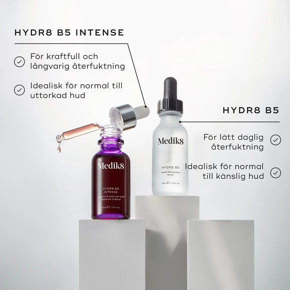 Jämförelsebild mellan Hydr8 B5 och Hydr8 B5 Intense, där båda produkterna visas sida vid sida med förklaringar av deras återfuktande egenskaper.-hover-16