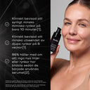 Leende kvinna håller i en flaska Medik8 Liquid Peptides Advanced MP. Texten beskriver produktens kliniska effektivitet för att minska rynkor på 10 minuter, reducera djupa rynkor på 8 veckor och förebygga nya linjer.