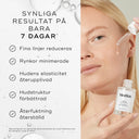 Bild med en kvinna som applicerar Liquid Peptides-serum och en lista över resultat på sju dagar, som reducerade fina linjer och förbättrad hudelasticitet.