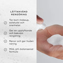 Bild av en hand som applicerar Medik8 Micellar Mousse, tillsammans med produktens egenskaper som att ta bort smink och orenheter samt lämna huden ren och balanserad.