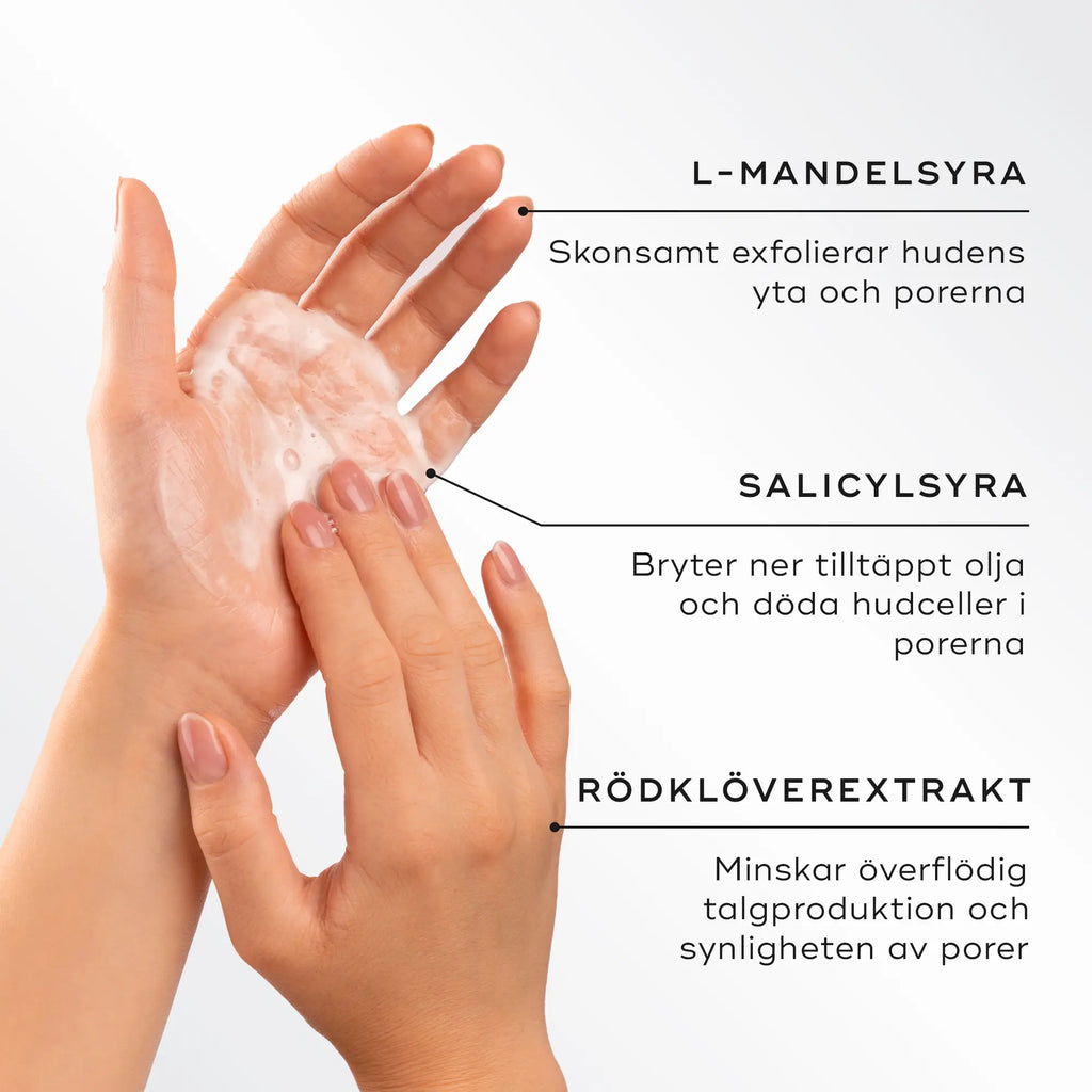 Bild som visar två händer med löddrande produkt och ingredienserna i Medik8 Pore Cleanse Gel Intense, inklusive L-mandelic syra, salicylsyra och rödklöverextrakt.
