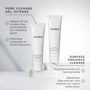Produktbild som visar Medik8 Pore Cleanse Gel Intense tillsammans med Surface Radiance Cleanse, med text om skillnaderna mellan produkterna.