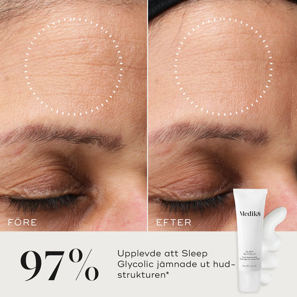 Före- och efterbild som visar förbättringar av hudytan efter användning av Medik8 Sleep Glycolic, med 97% som upplever en slätare hud.-hover-2