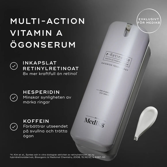 Bild som visar de huvudsakliga ingredienserna i Medik8 r-Retinoate Day & Night Eye Serum: inkapslad retinyl retinoate, hesperidin och koffein.-hover-8