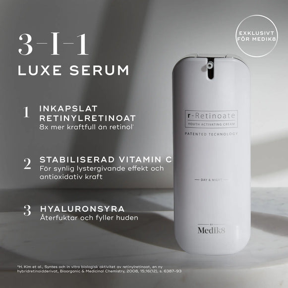 Bild som visar de tre huvudingrediensena i Medik8 r-Retinoate Day & Night: inkapslad retinyl retinoate, stabiliserat vitamin C och hyaluronsyra.-hover-25
